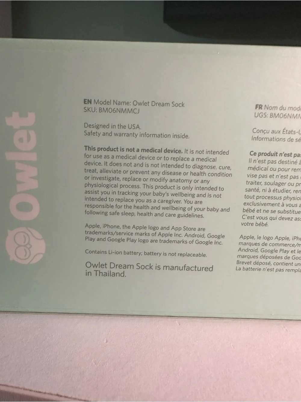 Owlet monitor- Mint Green -Wearable Arm/Wrist/foot Clip with Charging Base